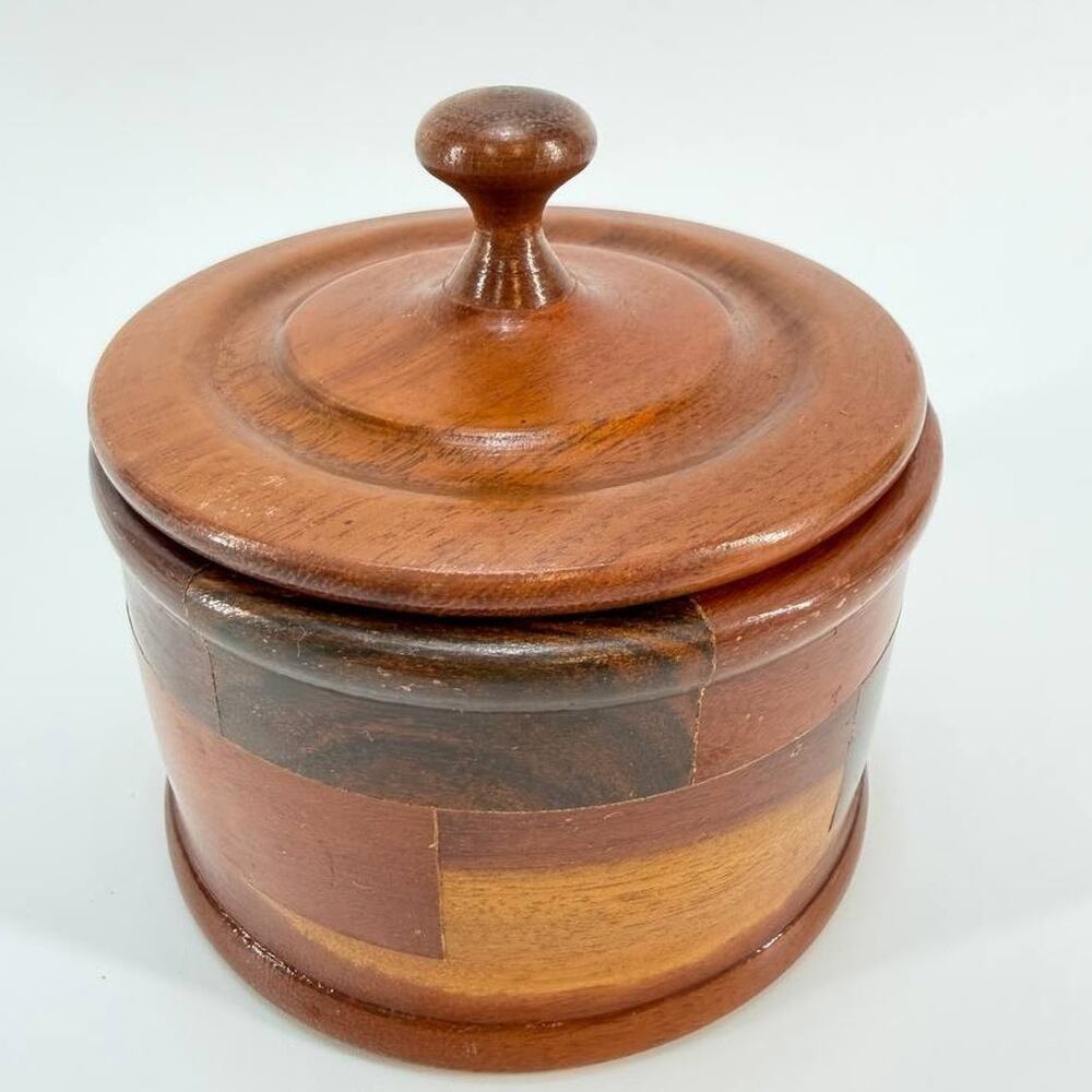Handmade Turned Wood Lidded Box Patchwork Wood Vessel Rustic Decor